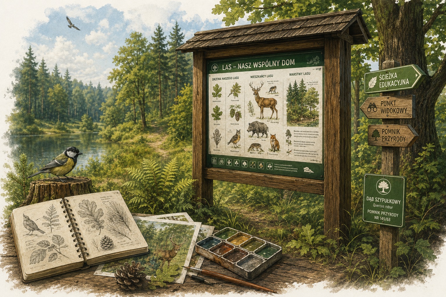 Tablica edukacyjna — Lekcja dendrologii, Nadleśnictwo Strzelce